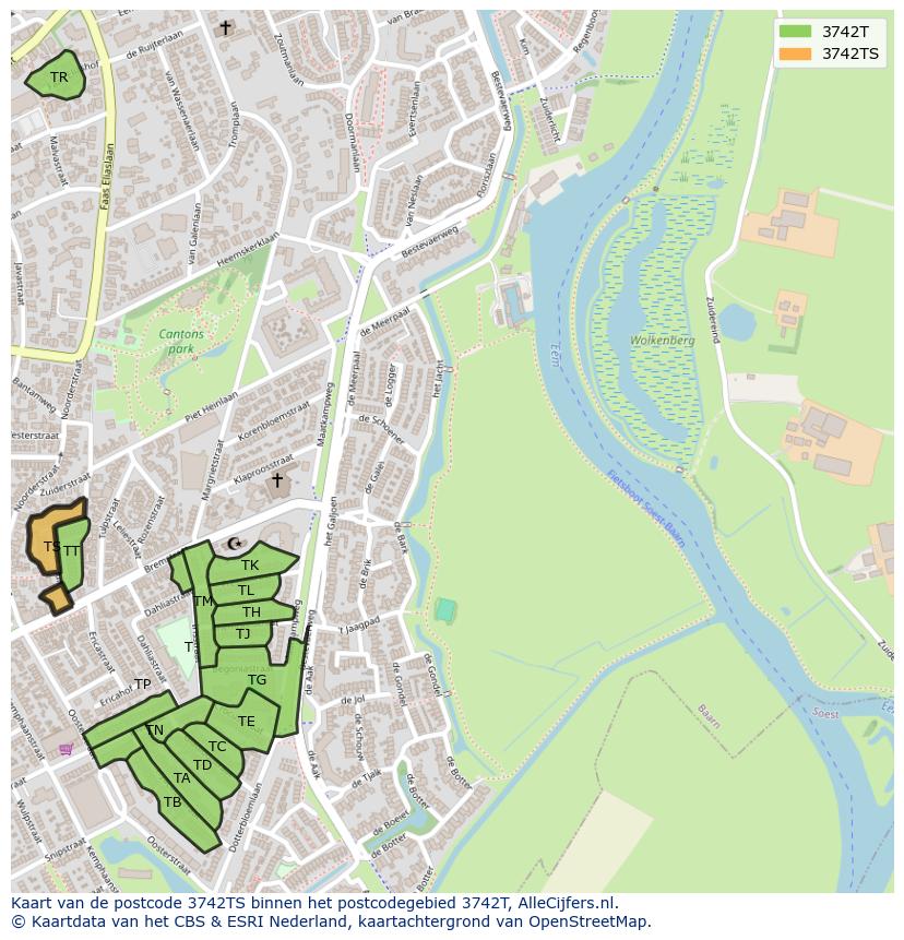 Afbeelding van het postcodegebied 3742 TS op de kaart.