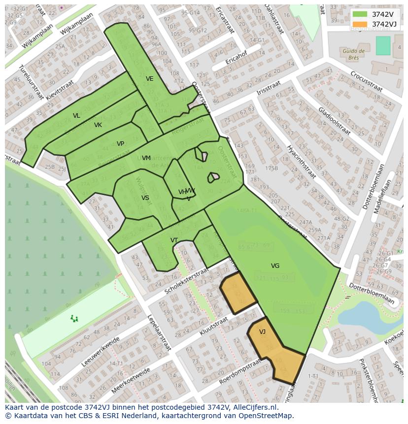 Afbeelding van het postcodegebied 3742 VJ op de kaart.