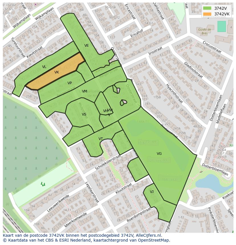 Afbeelding van het postcodegebied 3742 VK op de kaart.