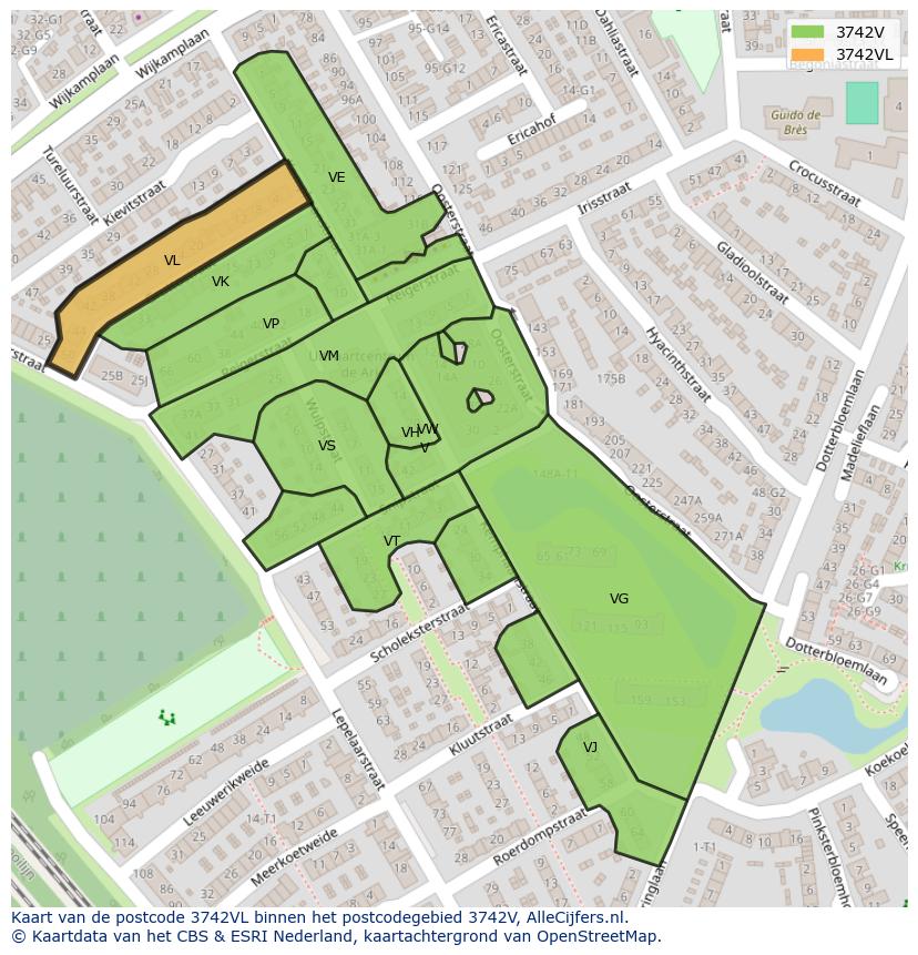 Afbeelding van het postcodegebied 3742 VL op de kaart.
