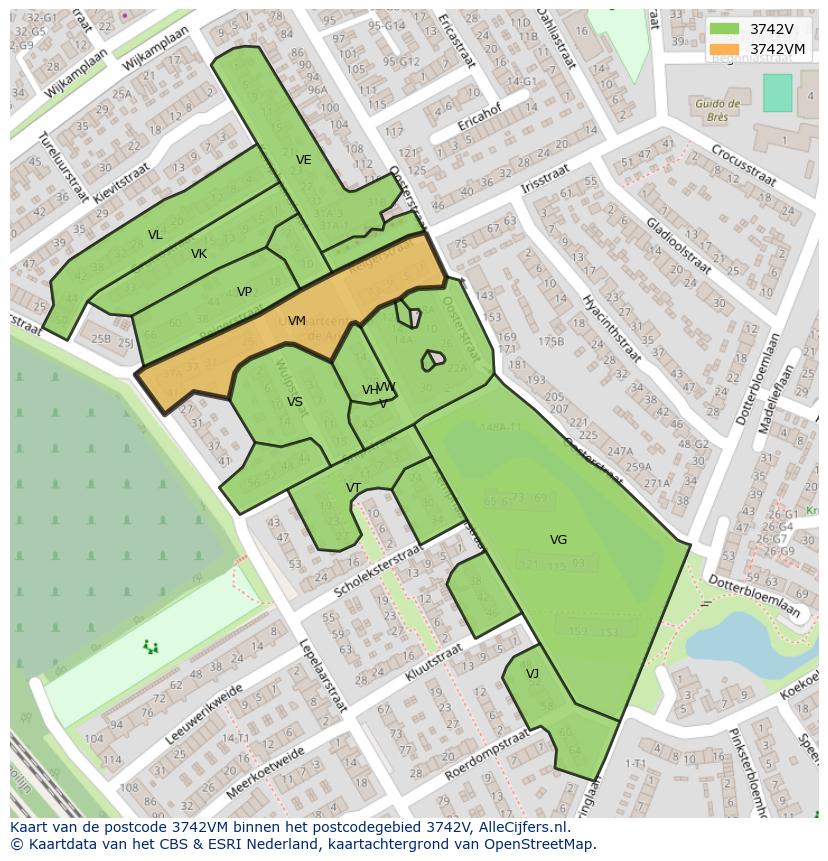 Afbeelding van het postcodegebied 3742 VM op de kaart.