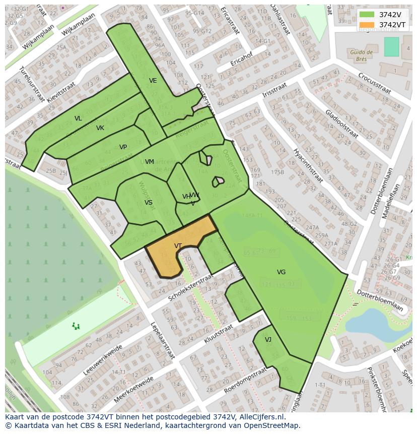 Afbeelding van het postcodegebied 3742 VT op de kaart.