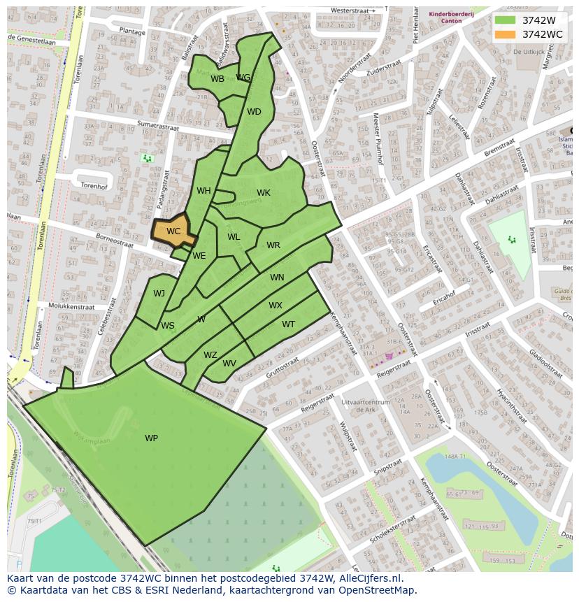 Afbeelding van het postcodegebied 3742 WC op de kaart.