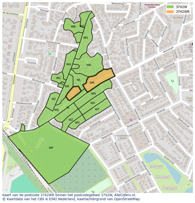 Afbeelding van het postcodegebied 3742 WR op de kaart.