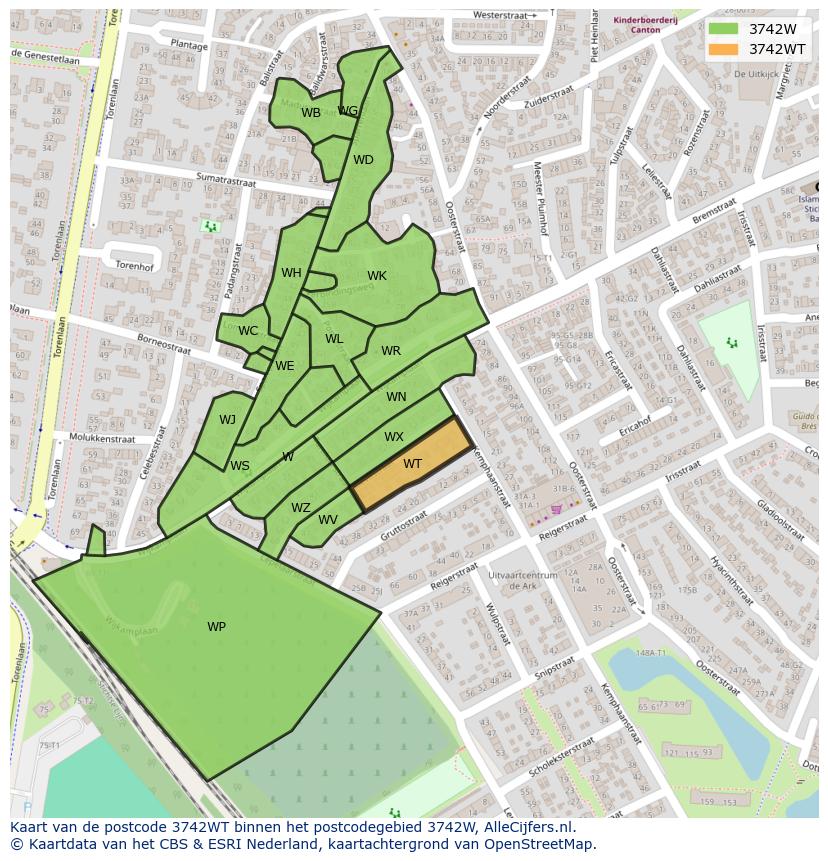 Afbeelding van het postcodegebied 3742 WT op de kaart.