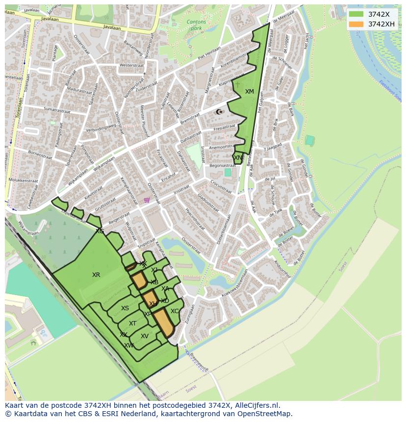 Afbeelding van het postcodegebied 3742 XH op de kaart.
