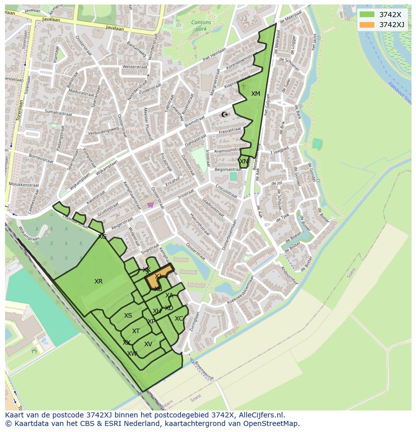 Afbeelding van het postcodegebied 3742 XJ op de kaart.
