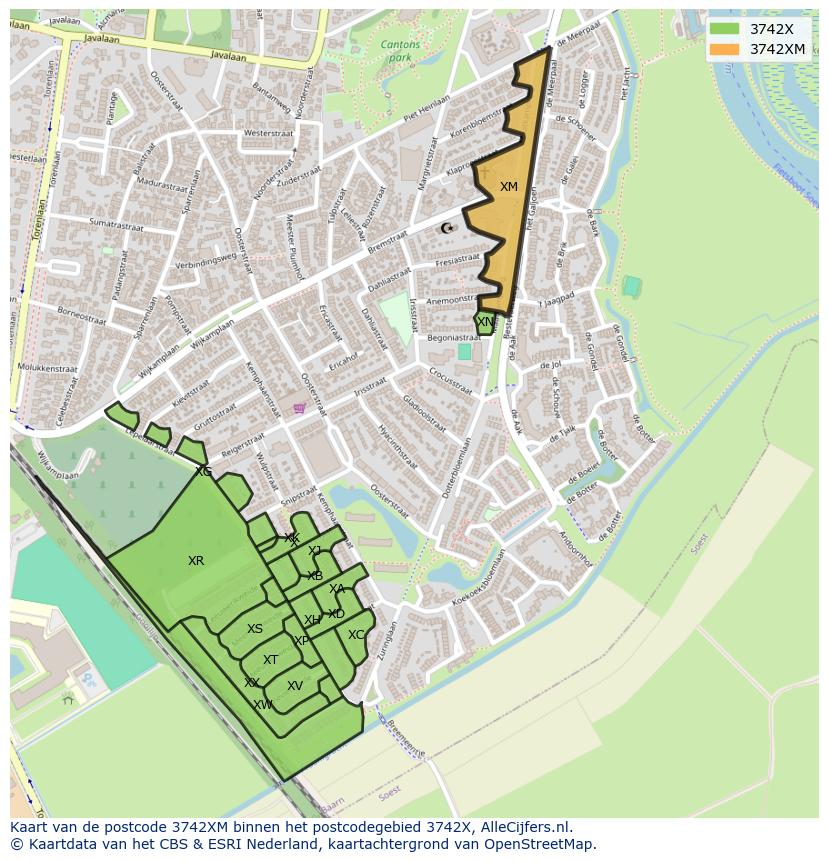 Afbeelding van het postcodegebied 3742 XM op de kaart.