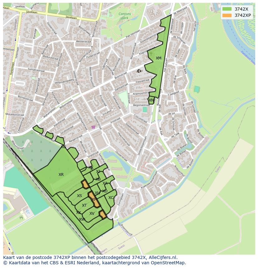 Afbeelding van het postcodegebied 3742 XP op de kaart.