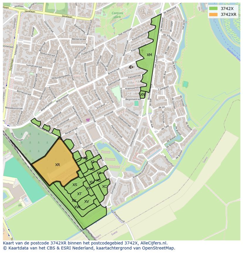 Afbeelding van het postcodegebied 3742 XR op de kaart.