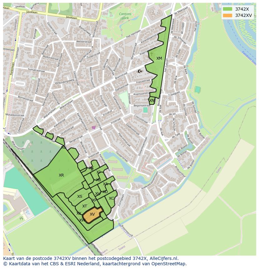 Afbeelding van het postcodegebied 3742 XV op de kaart.