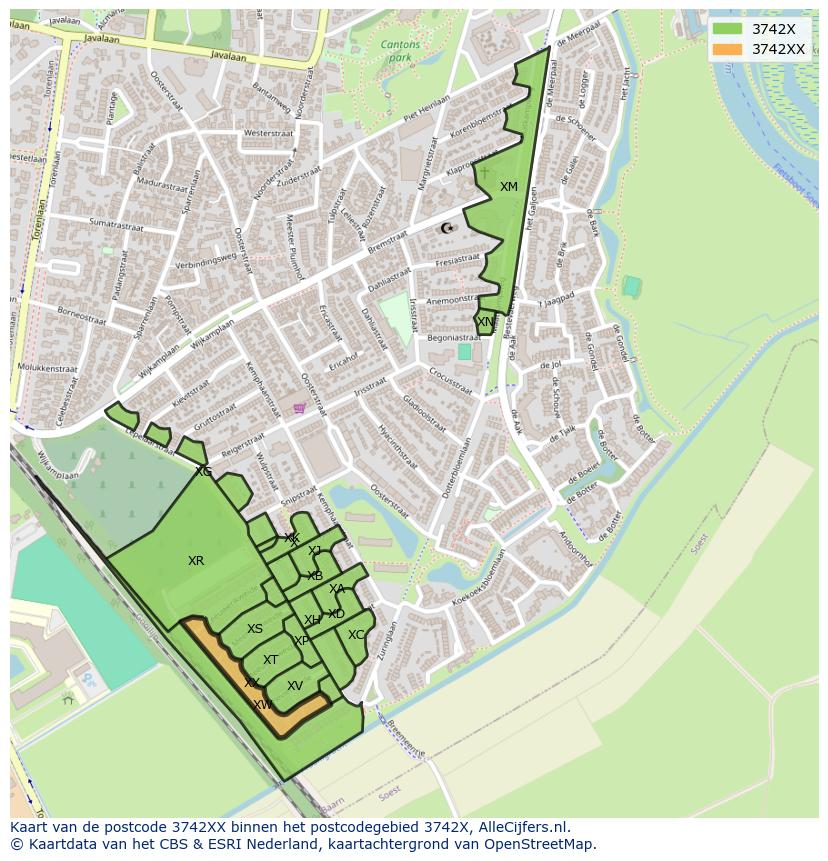 Afbeelding van het postcodegebied 3742 XX op de kaart.