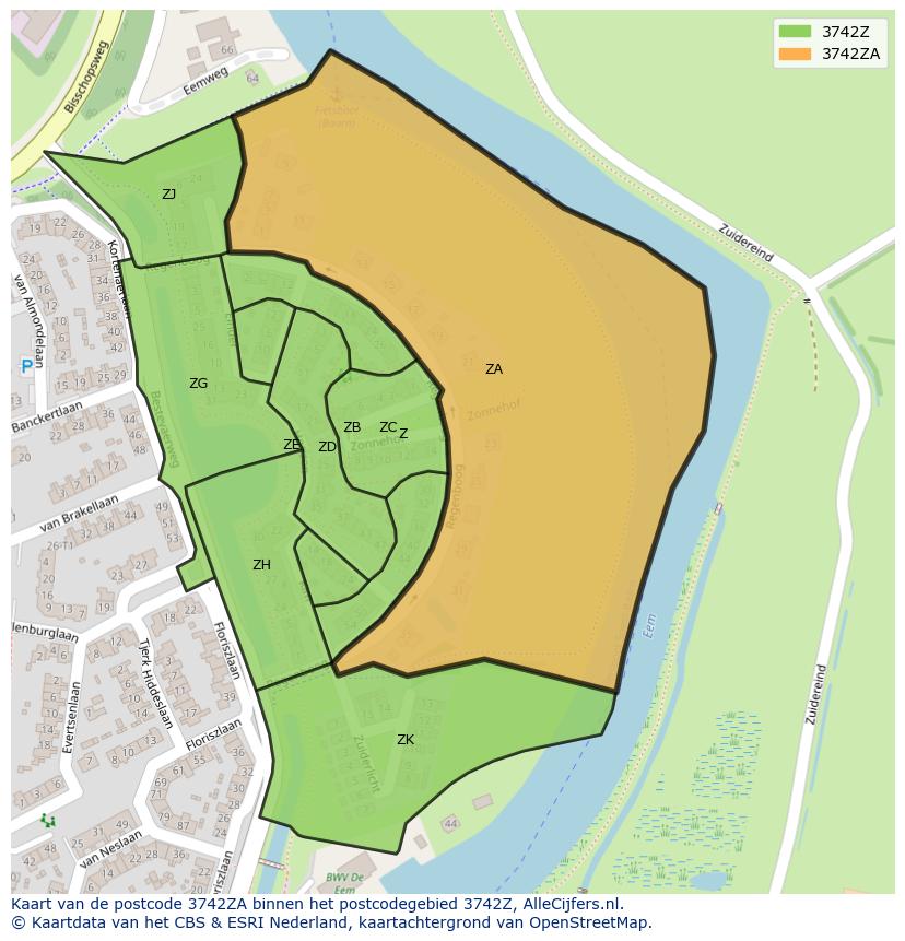 Afbeelding van het postcodegebied 3742 ZA op de kaart.