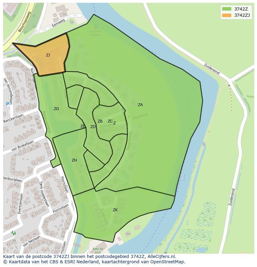 Afbeelding van het postcodegebied 3742 ZJ op de kaart.
