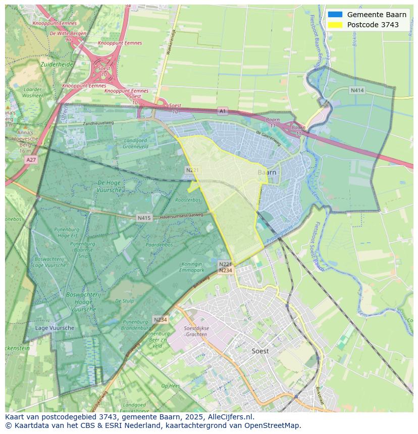 Afbeelding van het postcodegebied 3743 op de kaart.