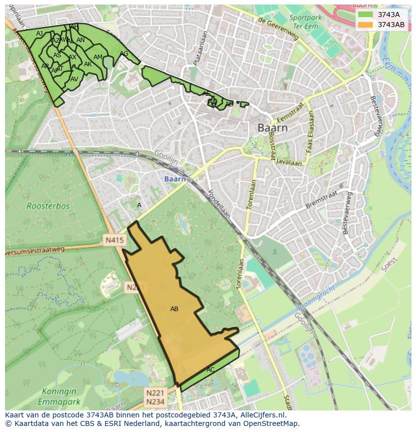 Afbeelding van het postcodegebied 3743 AB op de kaart.