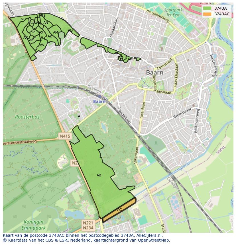 Afbeelding van het postcodegebied 3743 AC op de kaart.