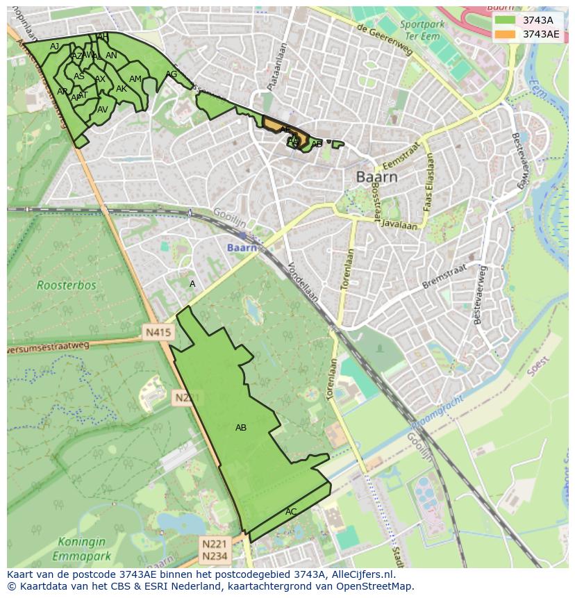Afbeelding van het postcodegebied 3743 AE op de kaart.