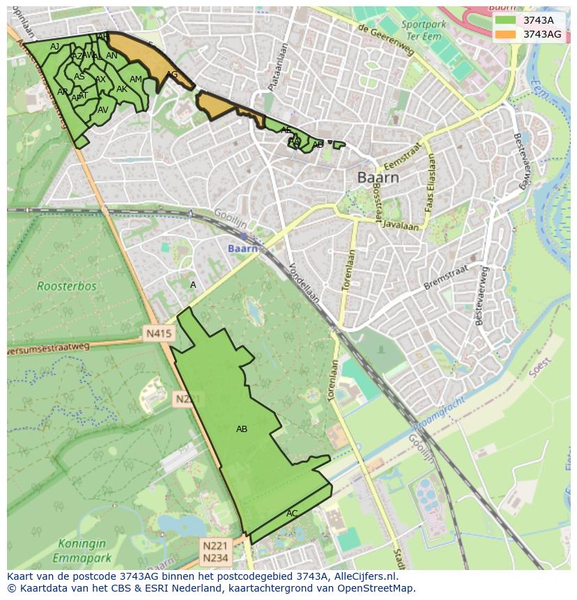 Afbeelding van het postcodegebied 3743 AG op de kaart.