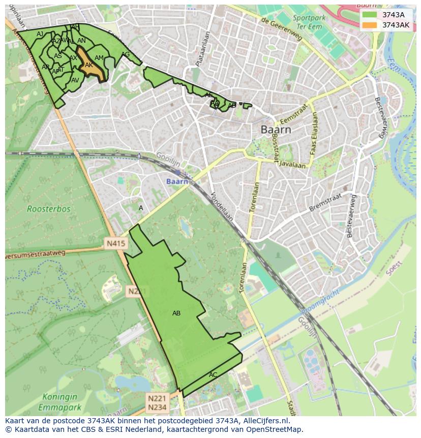 Afbeelding van het postcodegebied 3743 AK op de kaart.