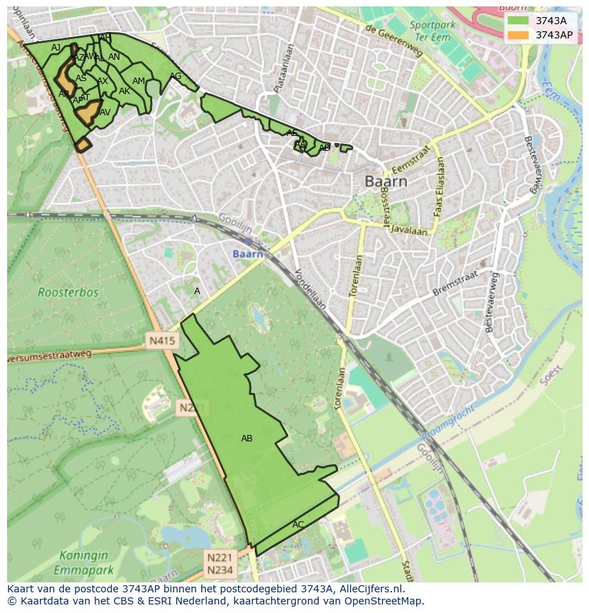 Afbeelding van het postcodegebied 3743 AP op de kaart.