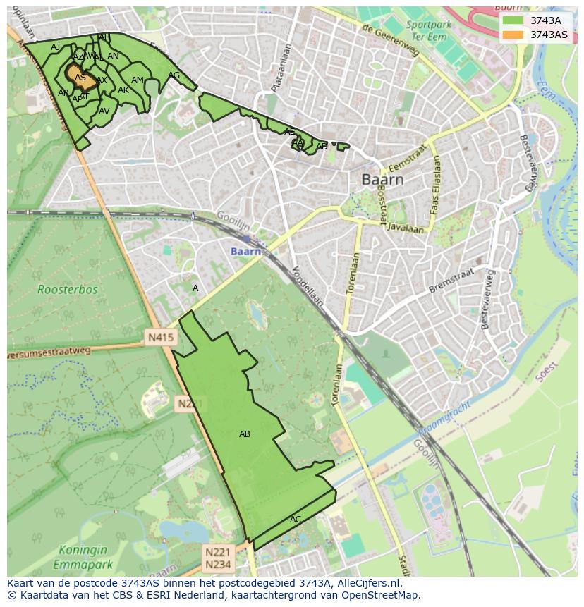 Afbeelding van het postcodegebied 3743 AS op de kaart.