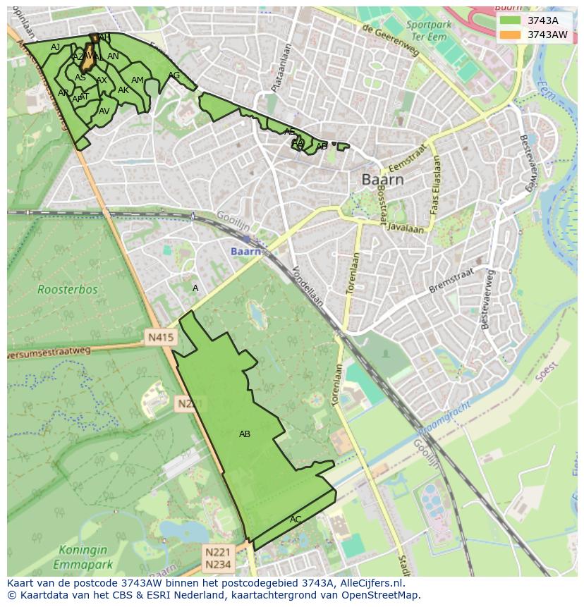 Afbeelding van het postcodegebied 3743 AW op de kaart.