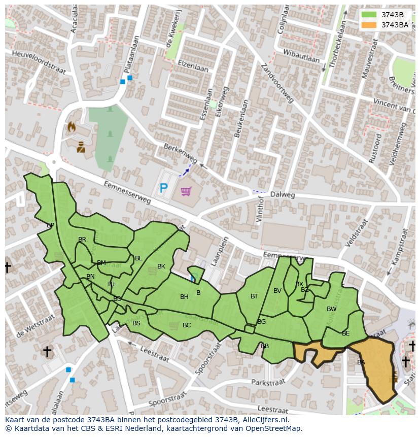 Afbeelding van het postcodegebied 3743 BA op de kaart.
