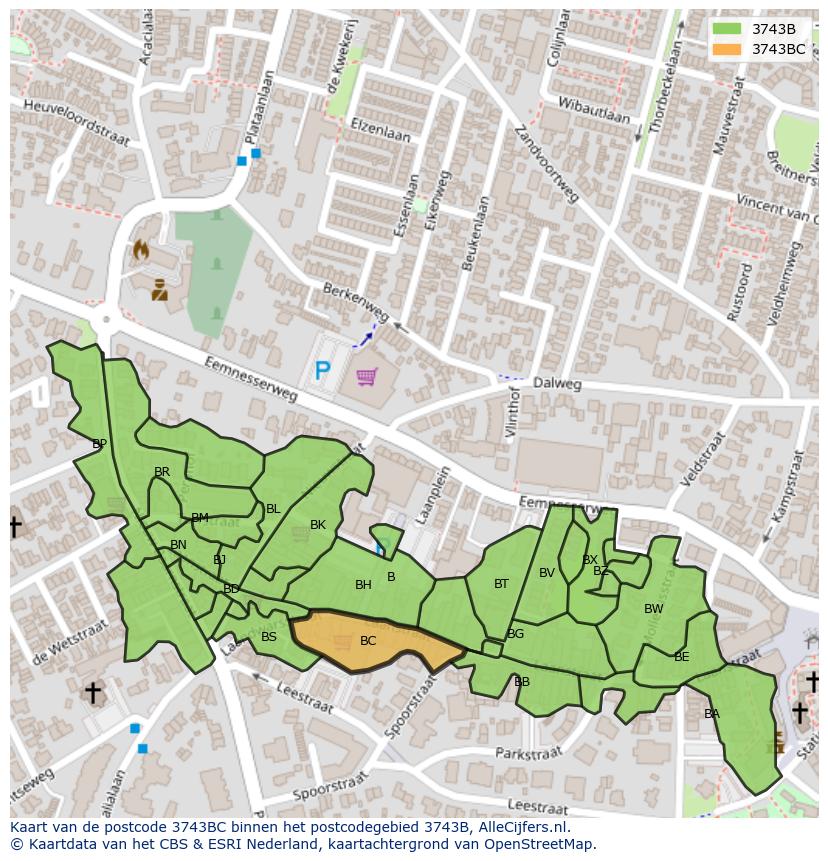 Afbeelding van het postcodegebied 3743 BC op de kaart.