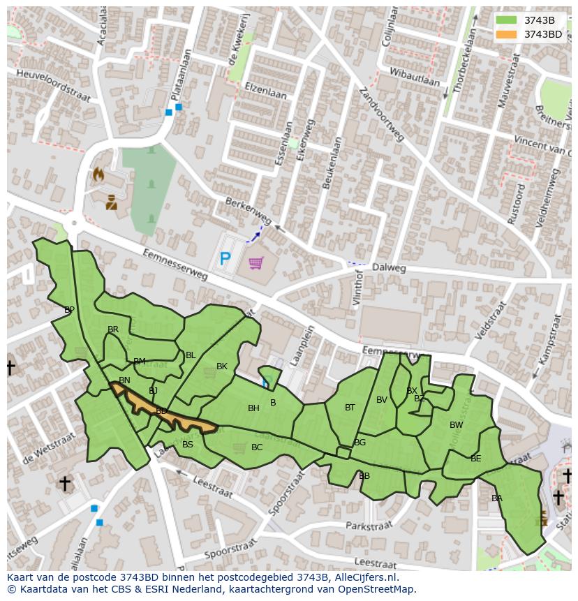 Afbeelding van het postcodegebied 3743 BD op de kaart.