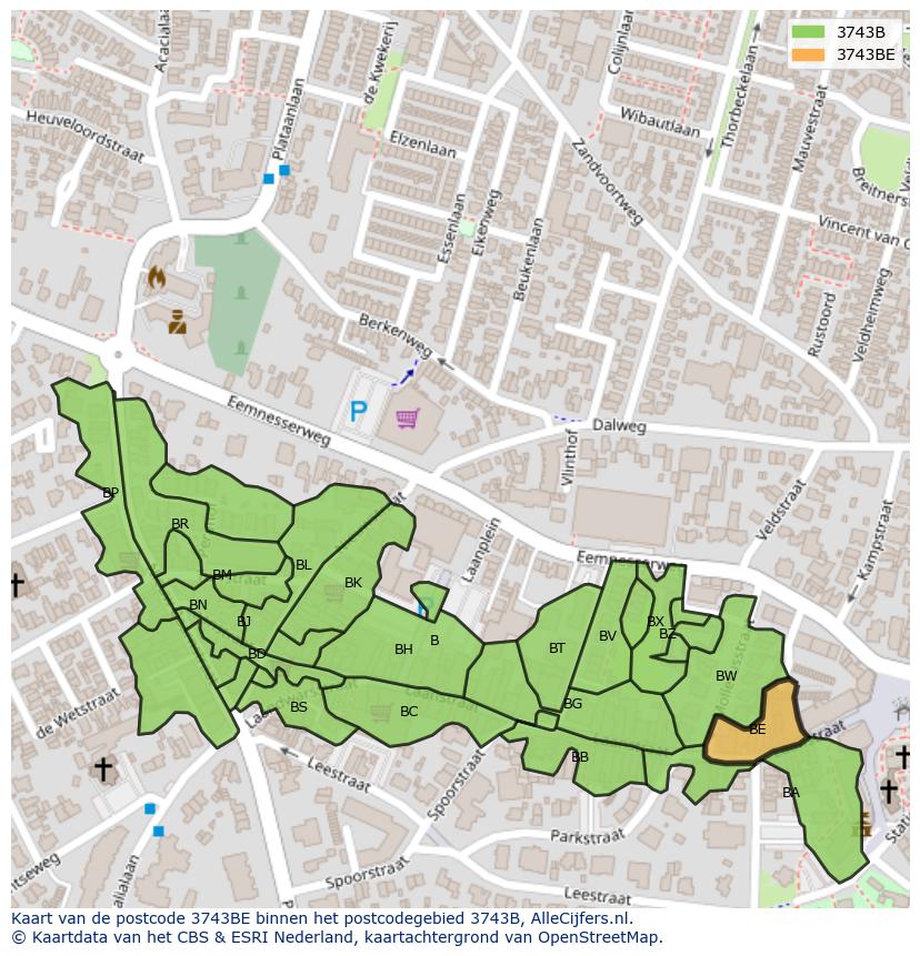 Afbeelding van het postcodegebied 3743 BE op de kaart.