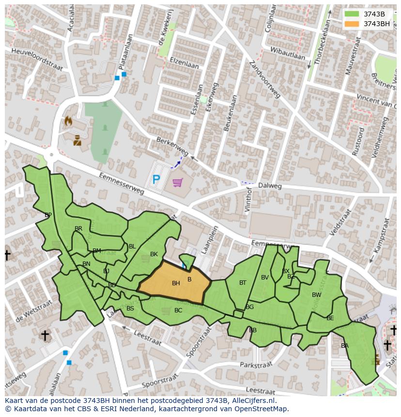 Afbeelding van het postcodegebied 3743 BH op de kaart.