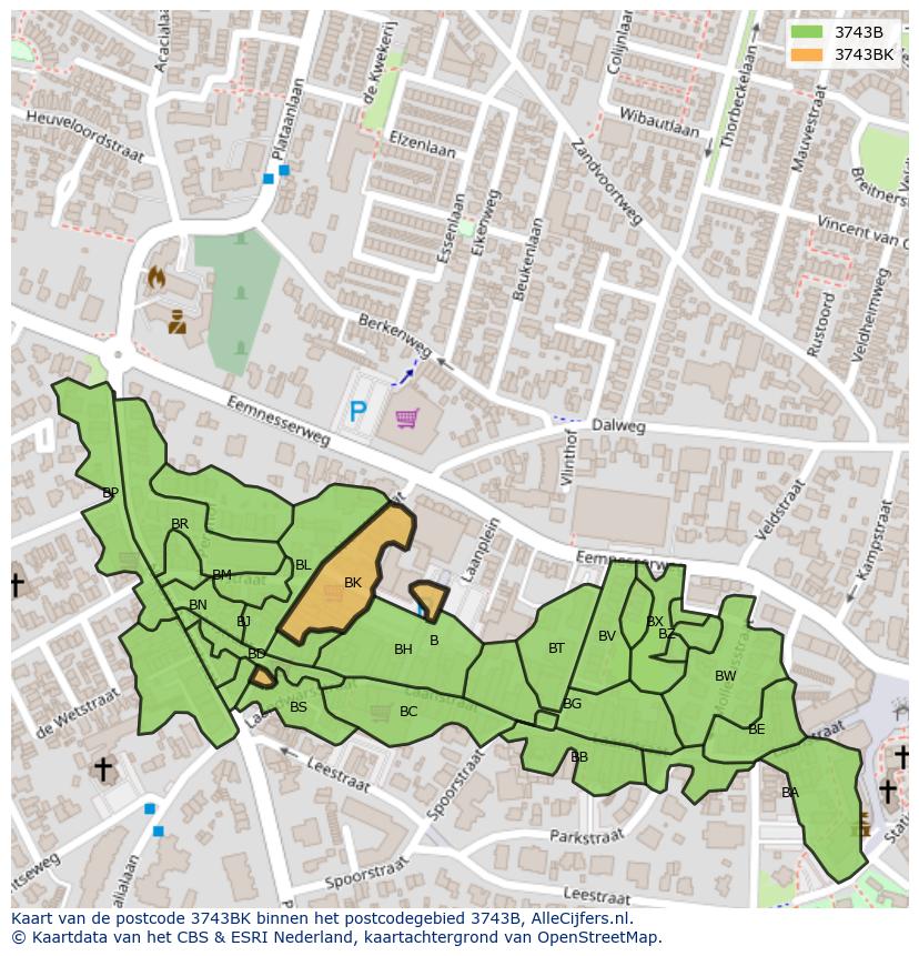 Afbeelding van het postcodegebied 3743 BK op de kaart.