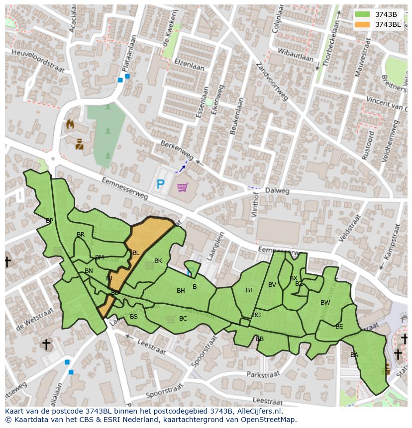 Afbeelding van het postcodegebied 3743 BL op de kaart.