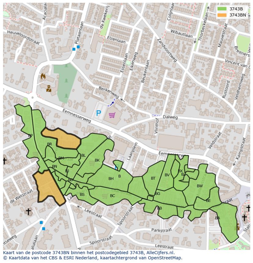 Afbeelding van het postcodegebied 3743 BN op de kaart.