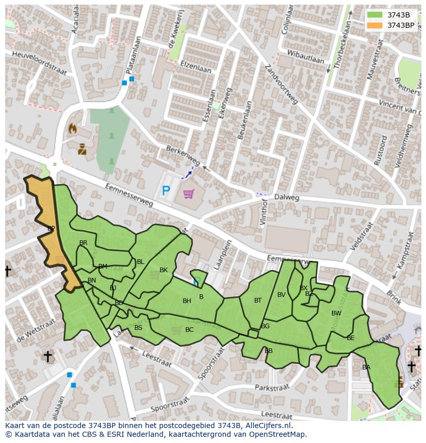 Afbeelding van het postcodegebied 3743 BP op de kaart.