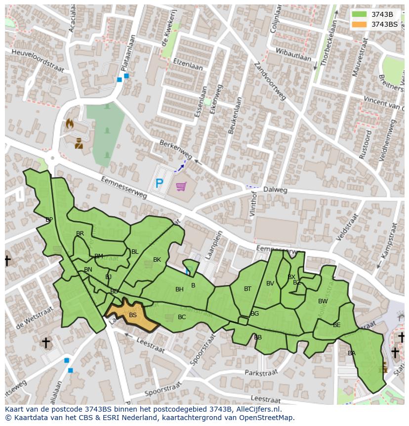 Afbeelding van het postcodegebied 3743 BS op de kaart.