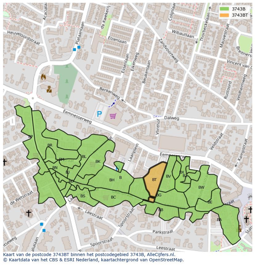 Afbeelding van het postcodegebied 3743 BT op de kaart.