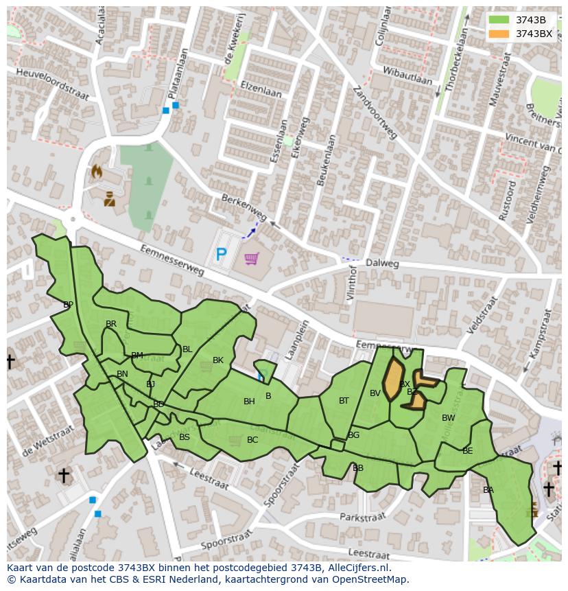 Afbeelding van het postcodegebied 3743 BX op de kaart.