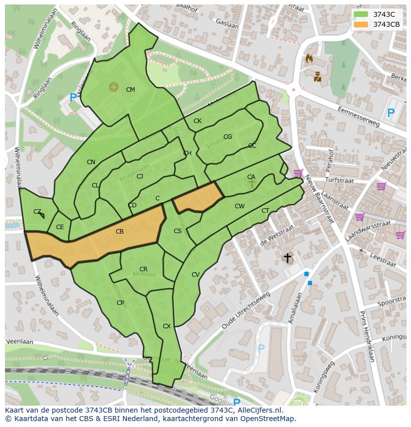 Afbeelding van het postcodegebied 3743 CB op de kaart.