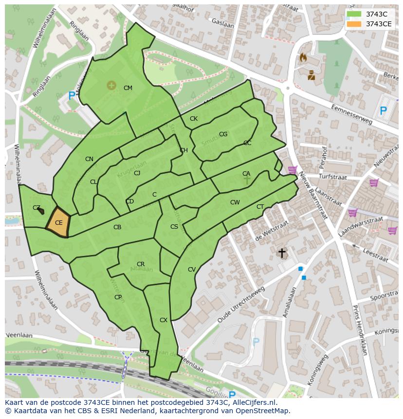 Afbeelding van het postcodegebied 3743 CE op de kaart.