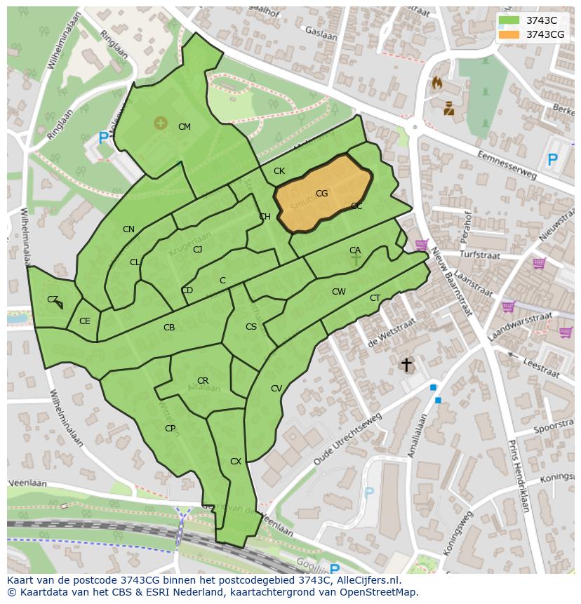 Afbeelding van het postcodegebied 3743 CG op de kaart.