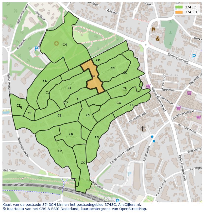 Afbeelding van het postcodegebied 3743 CH op de kaart.