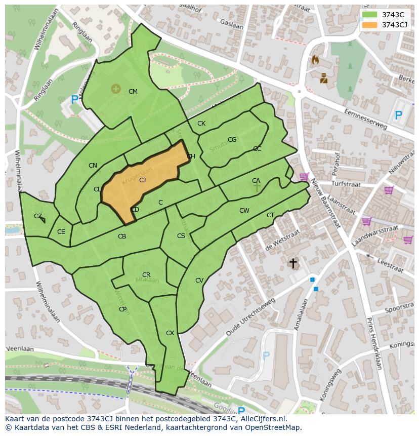 Afbeelding van het postcodegebied 3743 CJ op de kaart.