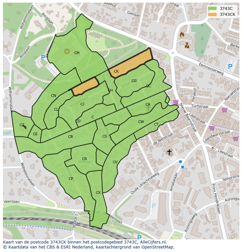 Afbeelding van het postcodegebied 3743 CK op de kaart.