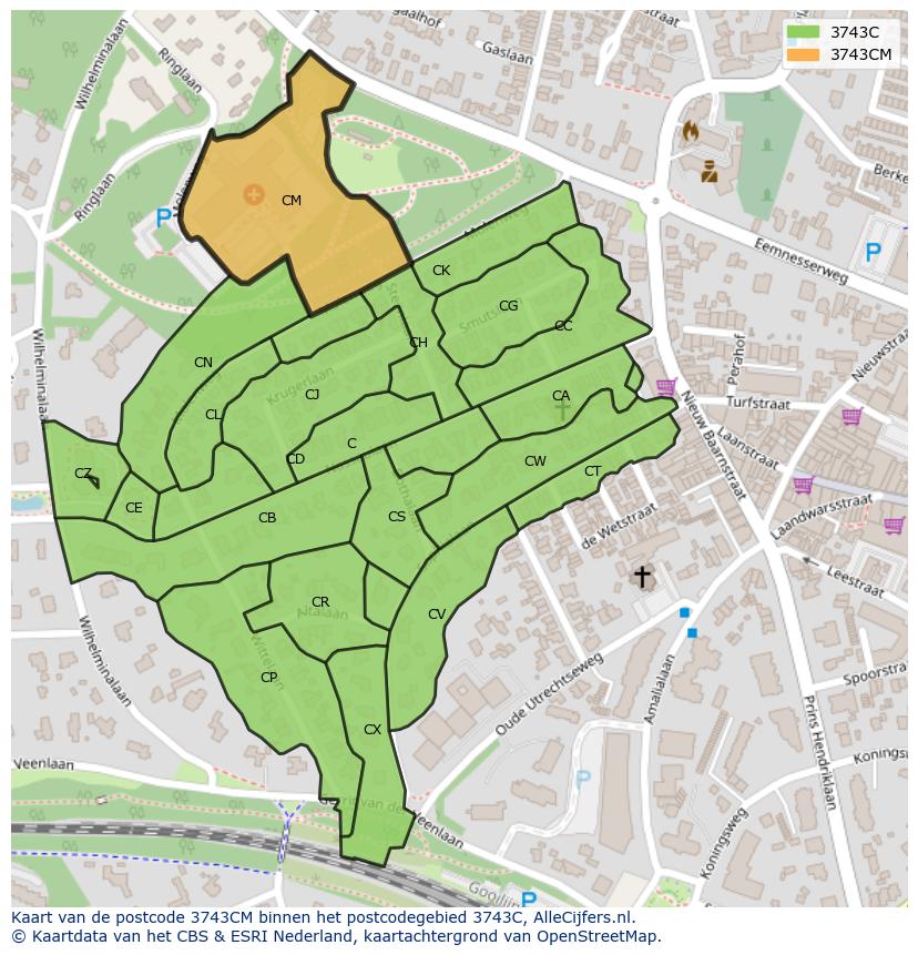 Afbeelding van het postcodegebied 3743 CM op de kaart.