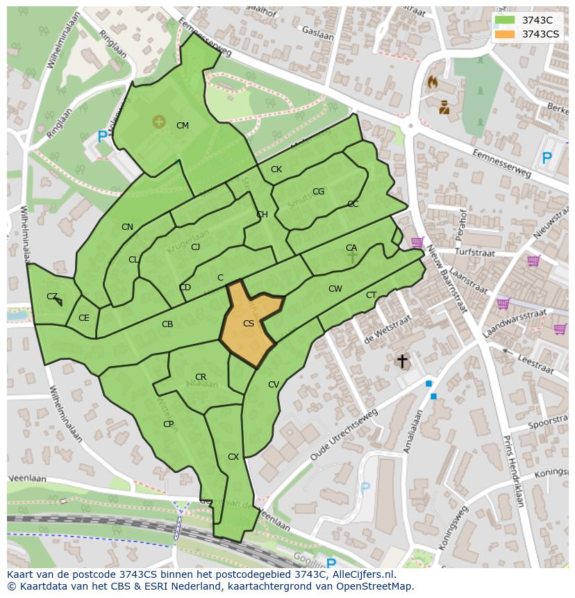 Afbeelding van het postcodegebied 3743 CS op de kaart.