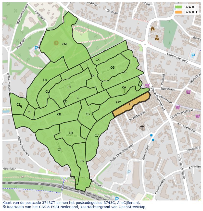 Afbeelding van het postcodegebied 3743 CT op de kaart.