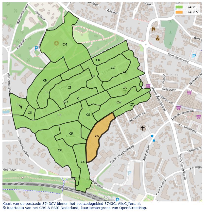 Afbeelding van het postcodegebied 3743 CV op de kaart.