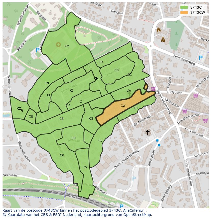 Afbeelding van het postcodegebied 3743 CW op de kaart.